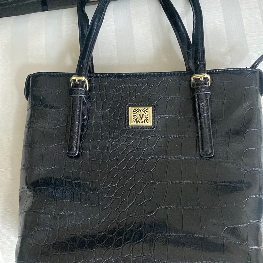 Anne Klein, faux crocodile textured small tote bag, black, polka dot lining